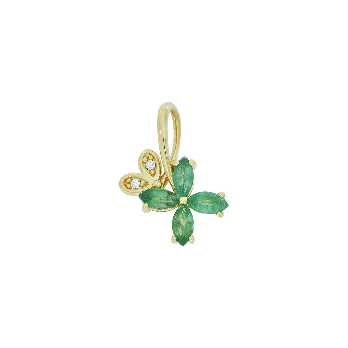 Dije de flor en oro amarillo de 18 Kilates, con 4 esmeraldas centrales de 0.75 Ct y decoración en diamantes de 0.02 Ct