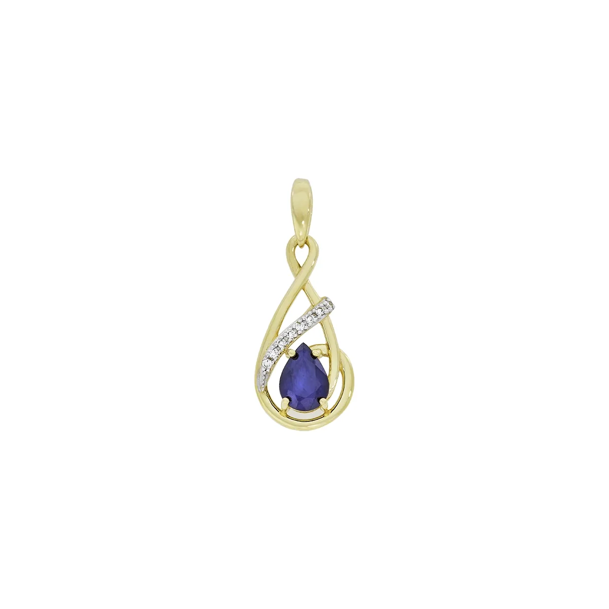 Dije en oro amarillo de 18 Kilates, Lágrima, con zafiro central de 0.80 Ct y decoración en diamantes de 0.04 Ct