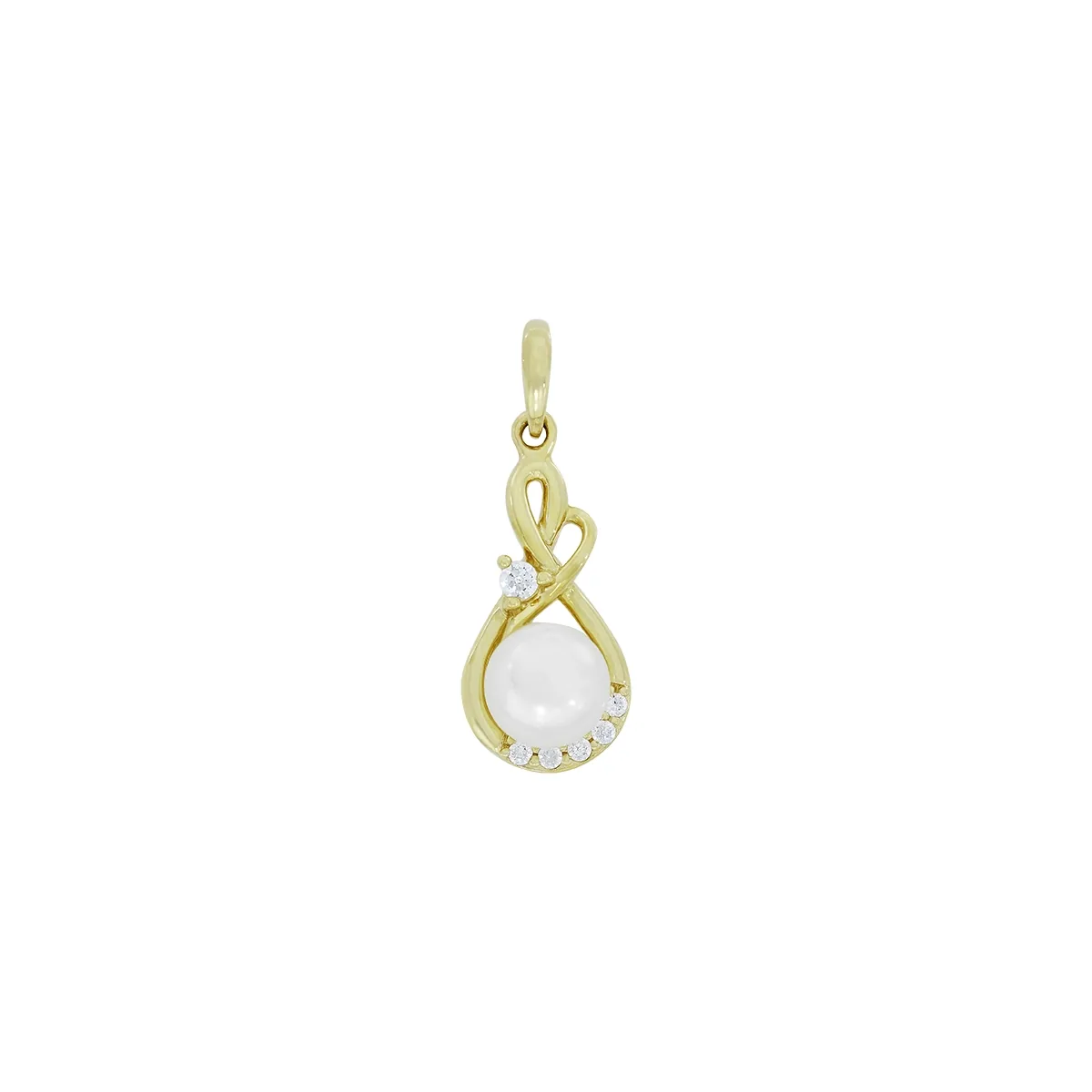 Dije en oro amarillo de 18 Kilates, Onda, con perla central de 6 mm de ancho aprox y decoración en zircones