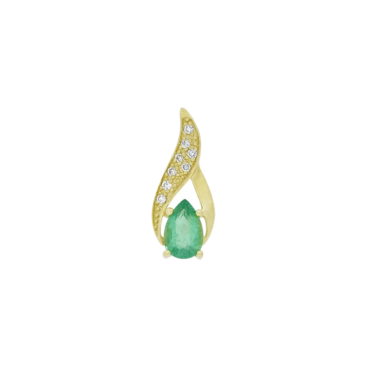 Dije en oro amarillo de 18 Kilates, Franjas, con esmeralda central de 0.35 Ct y decoración en diamantes de 0.04 Ct