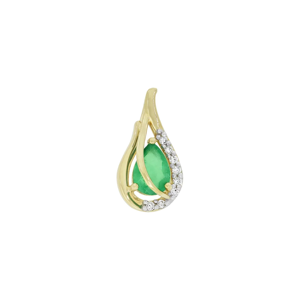 Dije en oro amarillo de 18 Kilates, Lágrima, con esmeralda central de 0.75 Ct y decoración en diamantes de 0.07 Ct