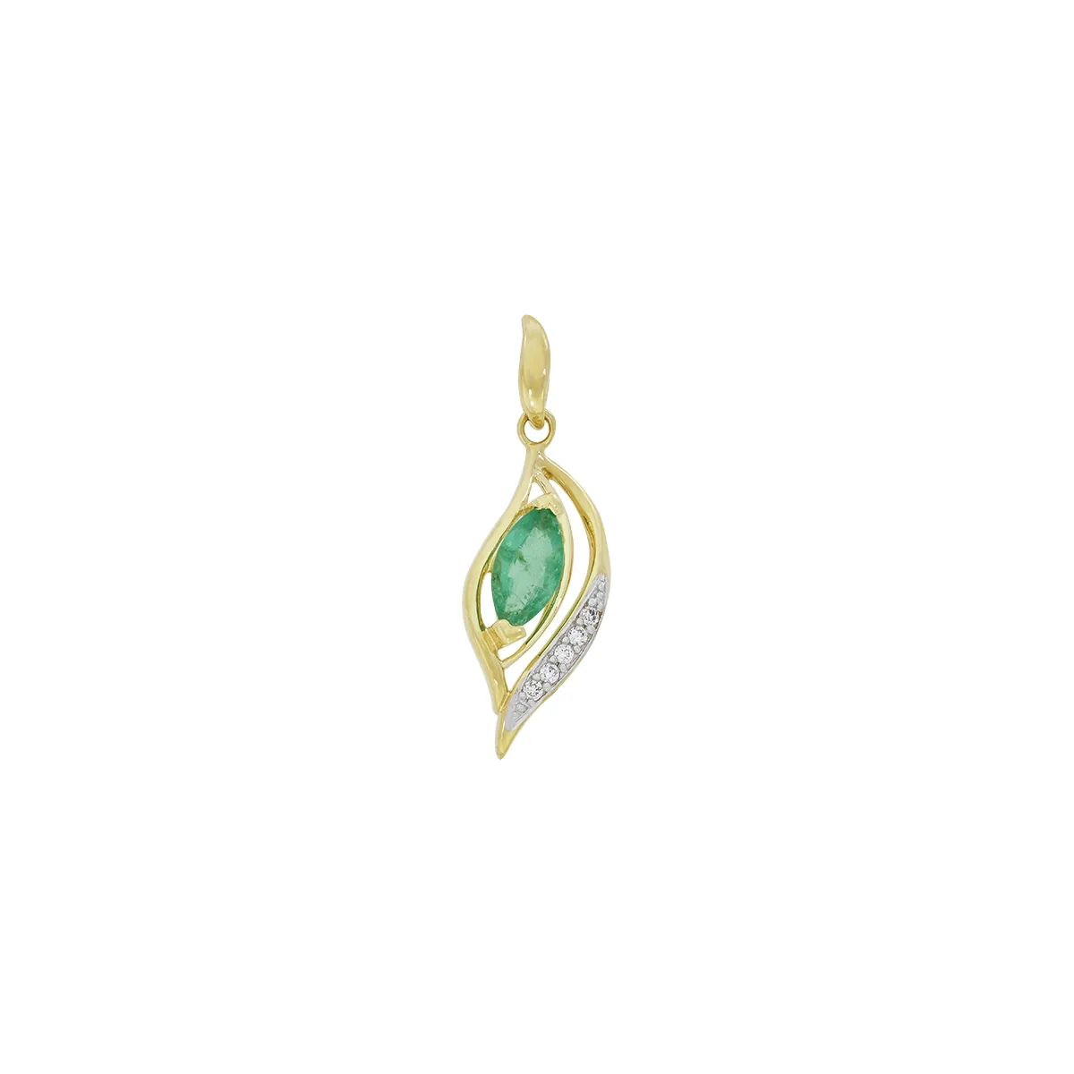 Dije en oro amarillo de 18 Kilates, Hoja, con esmeralda central de 0.45 Ct y decoración en diamantes de 0.05 Ct