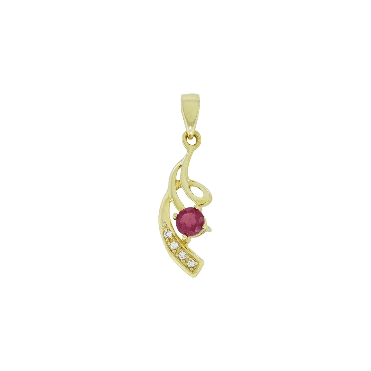 Dije en oro amarillo de 18 Kilates, Onda, con rubí central de 0.20 Ct y decoración en diamantes de 0.02 Ct