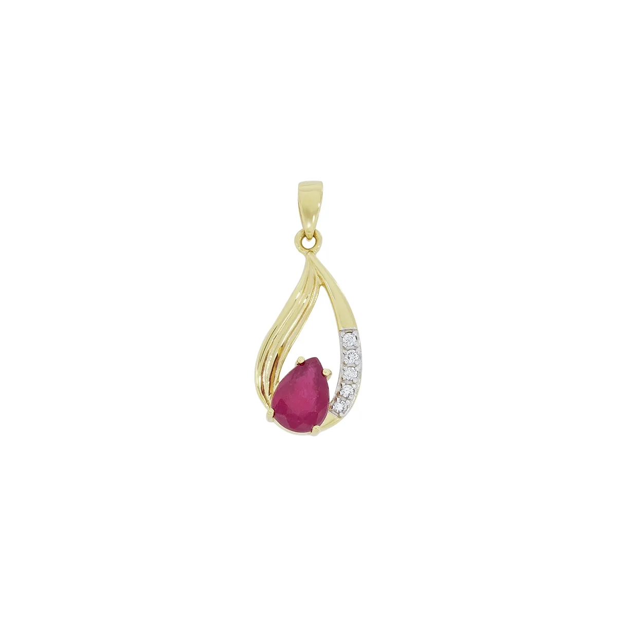Dije en oro amarillo de 18 Kilates, Lágrima, con rubí central de 0.60 Ct y decoración en diamantes de 0.04 Ct