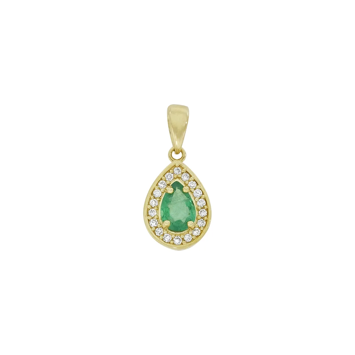 Dije en oro amarillo de 18 Kilates, Uñas+decoración, con esmeralda central de 0.30 Ct y decoración en diamantes de 0.09 Ct