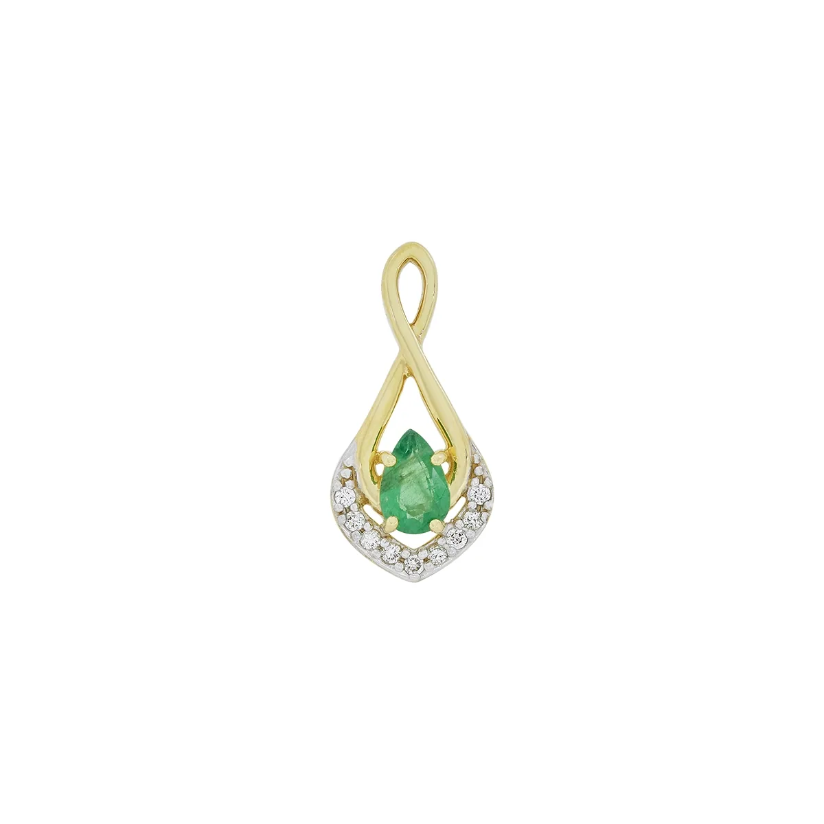 Dije en oro amarillo de 18 Kilates, Onda, con esmeralda central de 0.30 Ct y decoración en diamantes de 0.07 Ct