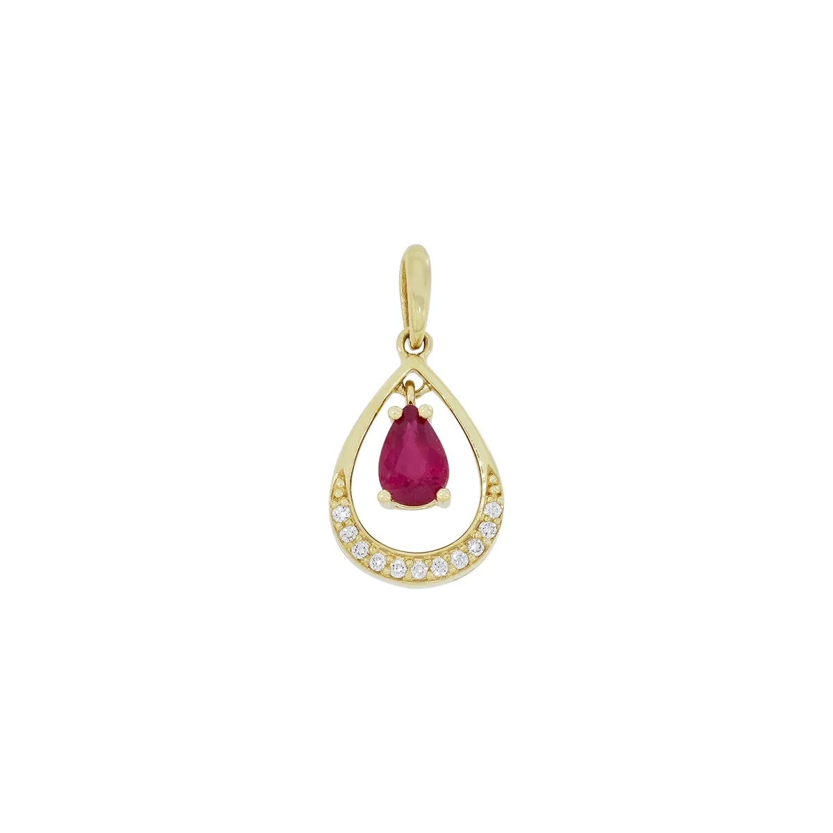 Dije en oro amarillo de 18 Kilates, Lágrima, con rubí central de 0.45 Ct y decoración en diamantes de 0.06 Ct