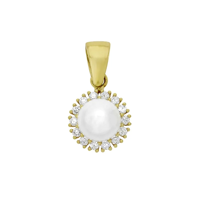 Dije en oro amarillo de 18 Kilates, Bisel, con perla central de 5 mm de ancho aprox y decoración en zircones