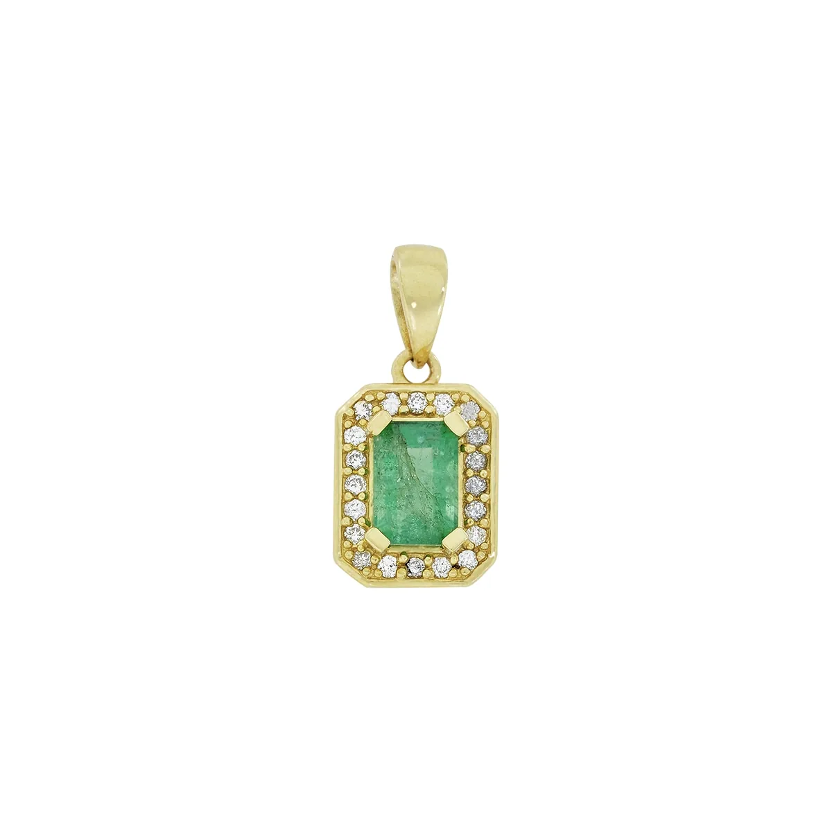Dije en oro amarillo de 18 Kilates, Uñas+decoración, con esmeralda central de 0.50 Ct y decoración en diamantes de 0.10 Ct