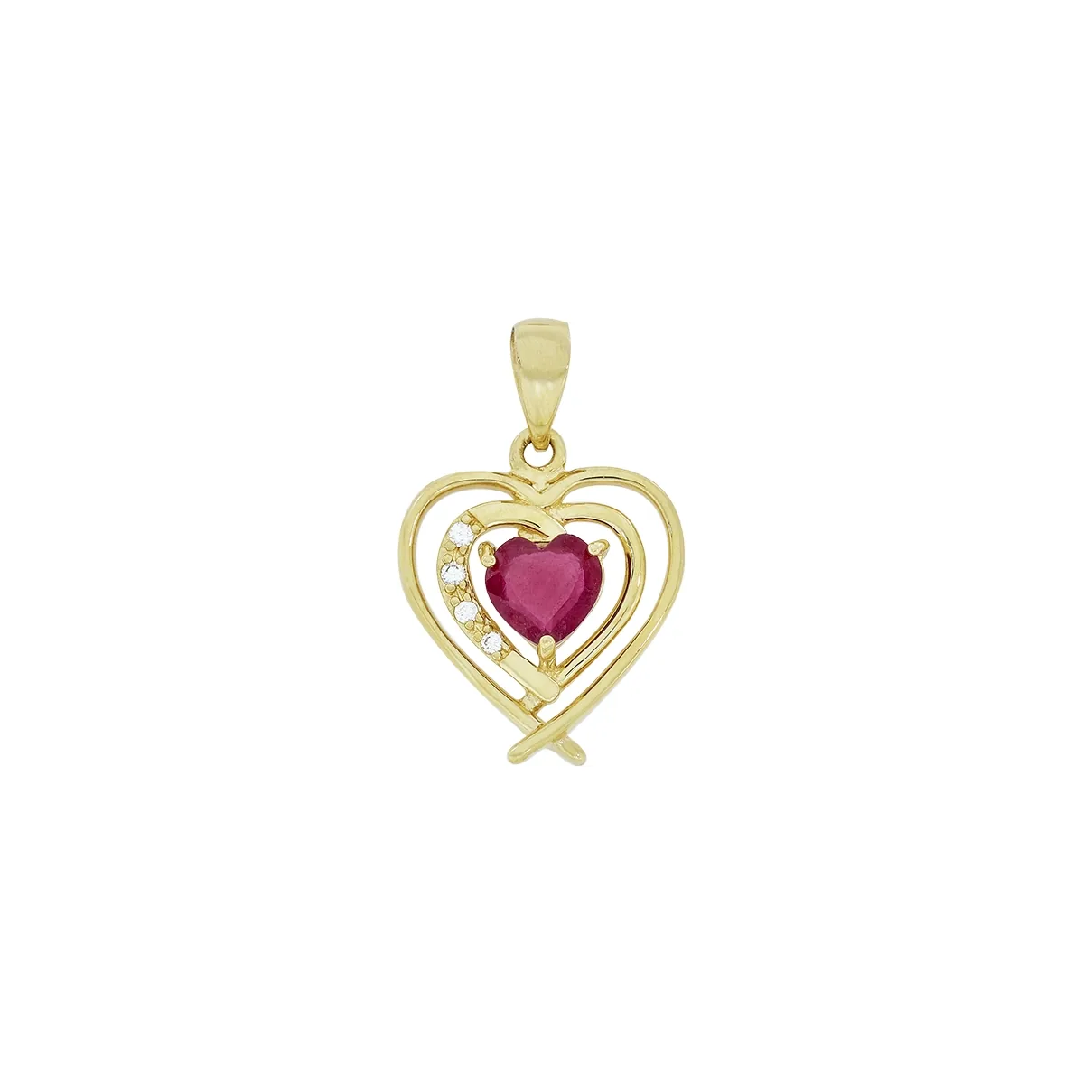 Dije de corazón en oro amarillo de 18 Kilates, con rubí central de 0.55 Ct y decoración en diamantes de 0.02 Ct