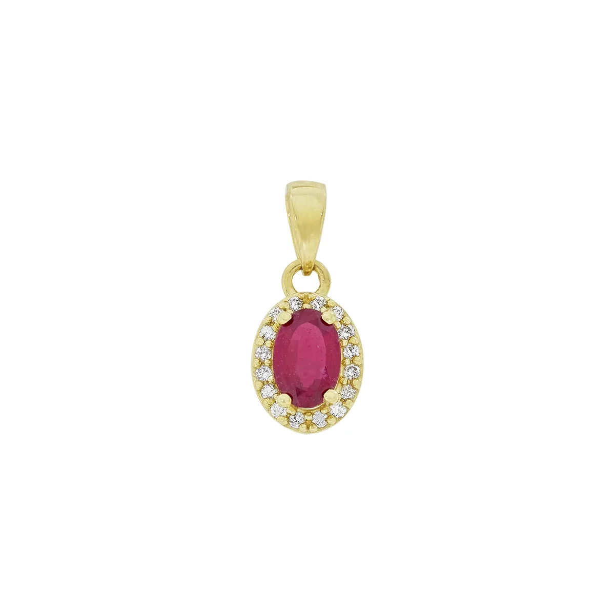 Dije en oro amarillo de 18 Kilates, Uñas+decoración, con rubí central de 0.65 Ct y decoración en diamantes de 0.08 Ct