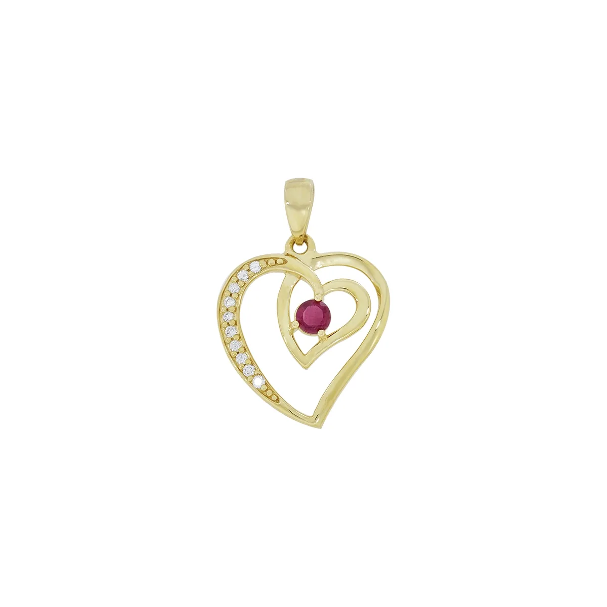 Dije de corazón en oro amarillo de 18 Kilates, con rubí central de 0.10 Ct y decoración en diamantes de 0.05 Ct