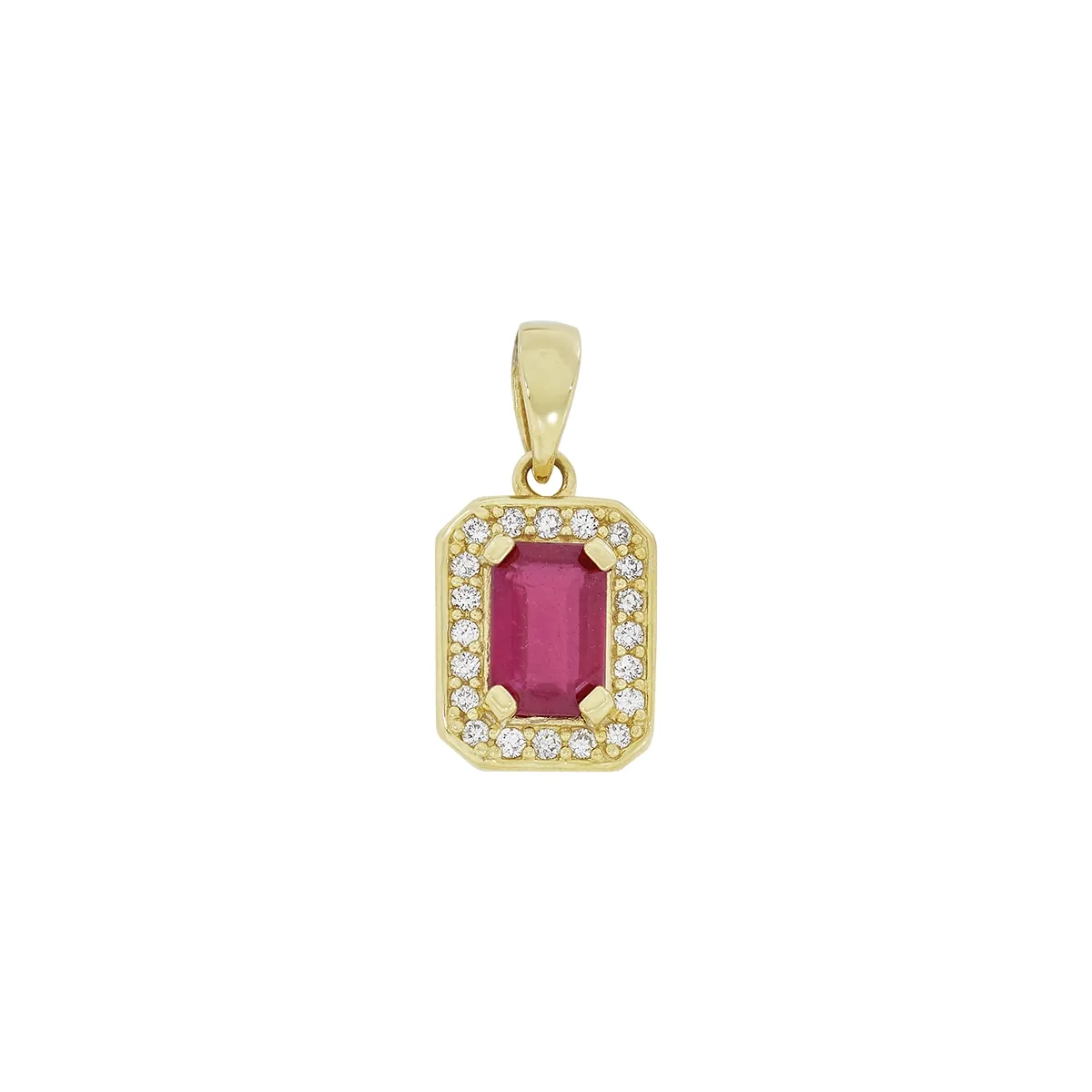 Dije en oro amarillo de 18 Kilates, Uñas+decoración, con rubí central de 0.70 Ct y decoración en diamantes de 0.10 Ct