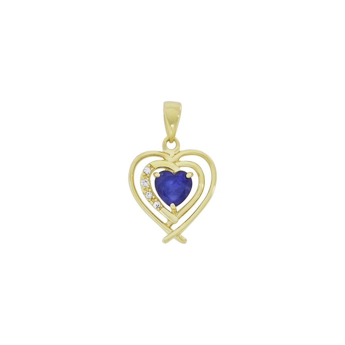 Dije de corazón en oro amarillo de 18 Kilates, con zafiro central de 0.55 Ct y decoración en diamantes de 0.03 Ct