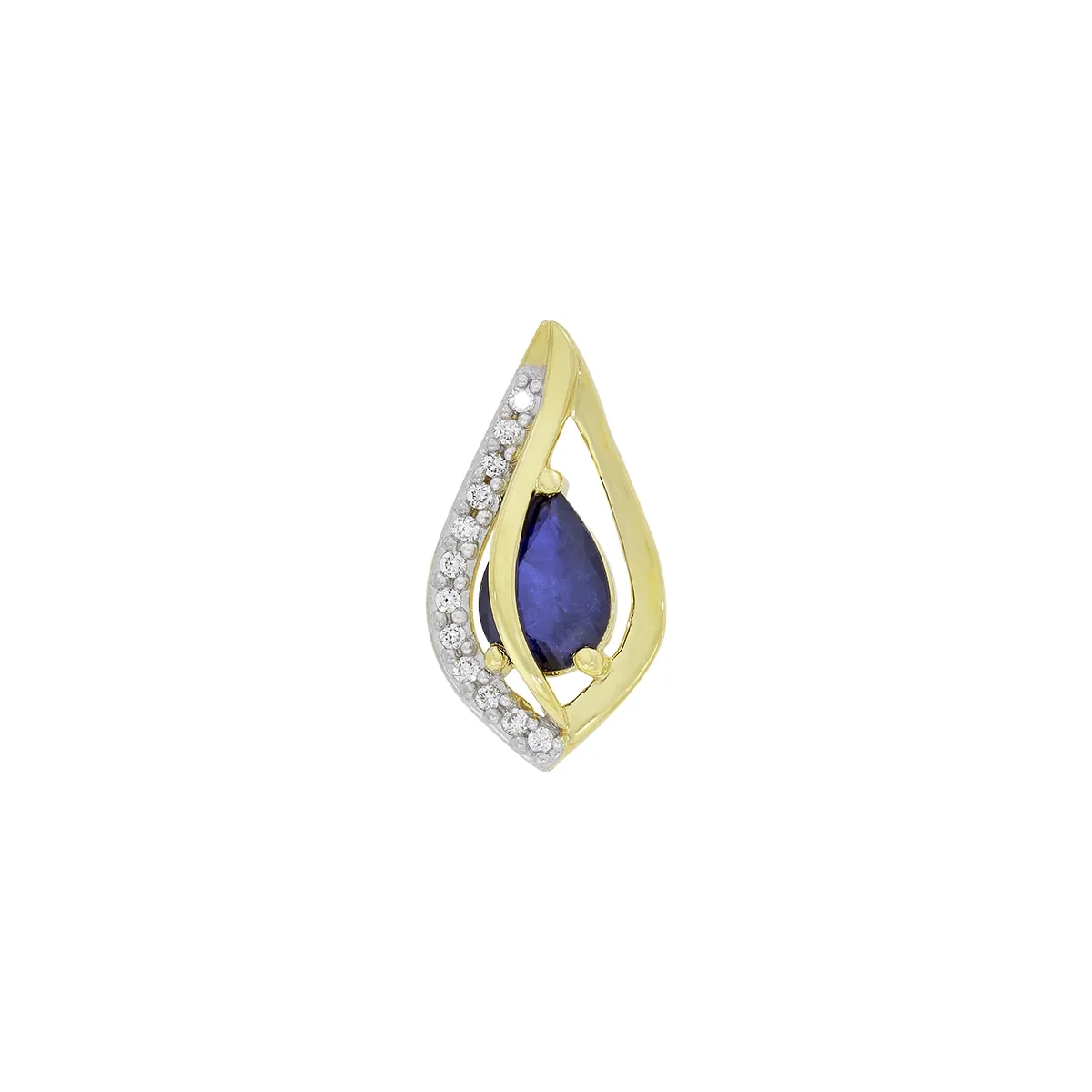 Dije en oro amarillo de 18 Kilates, Lágrima, con zafiro central de 0.70 Ct y decoración en diamantes de 0.06 Ct