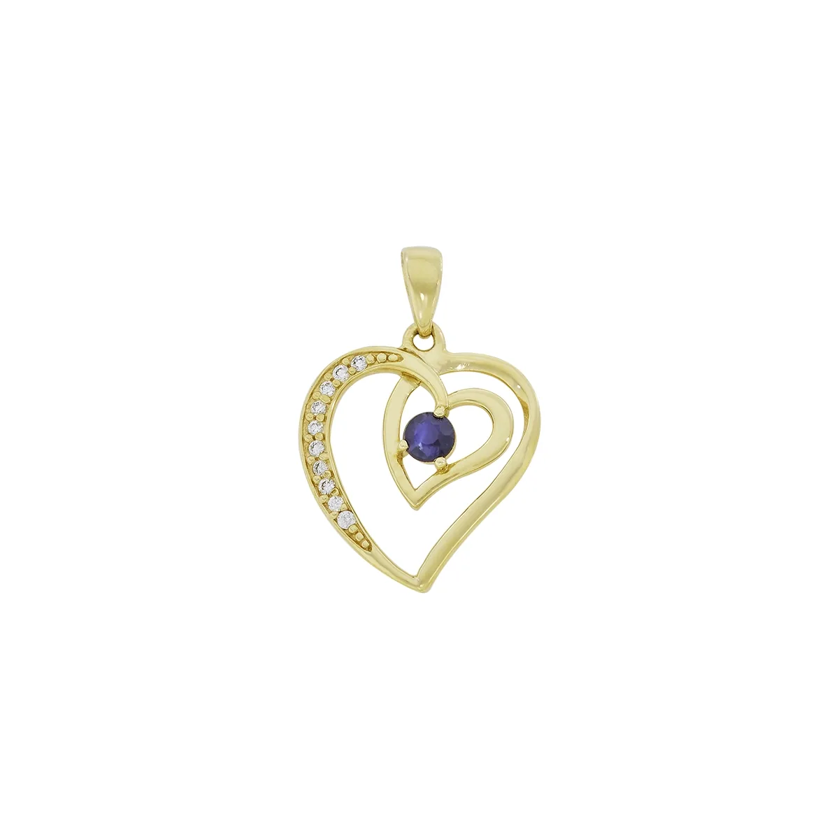 Dije de corazón en oro amarillo de 18 Kilates, con zafiro central de 0.10 Ct y decoración en diamantes de 0.05 Ct