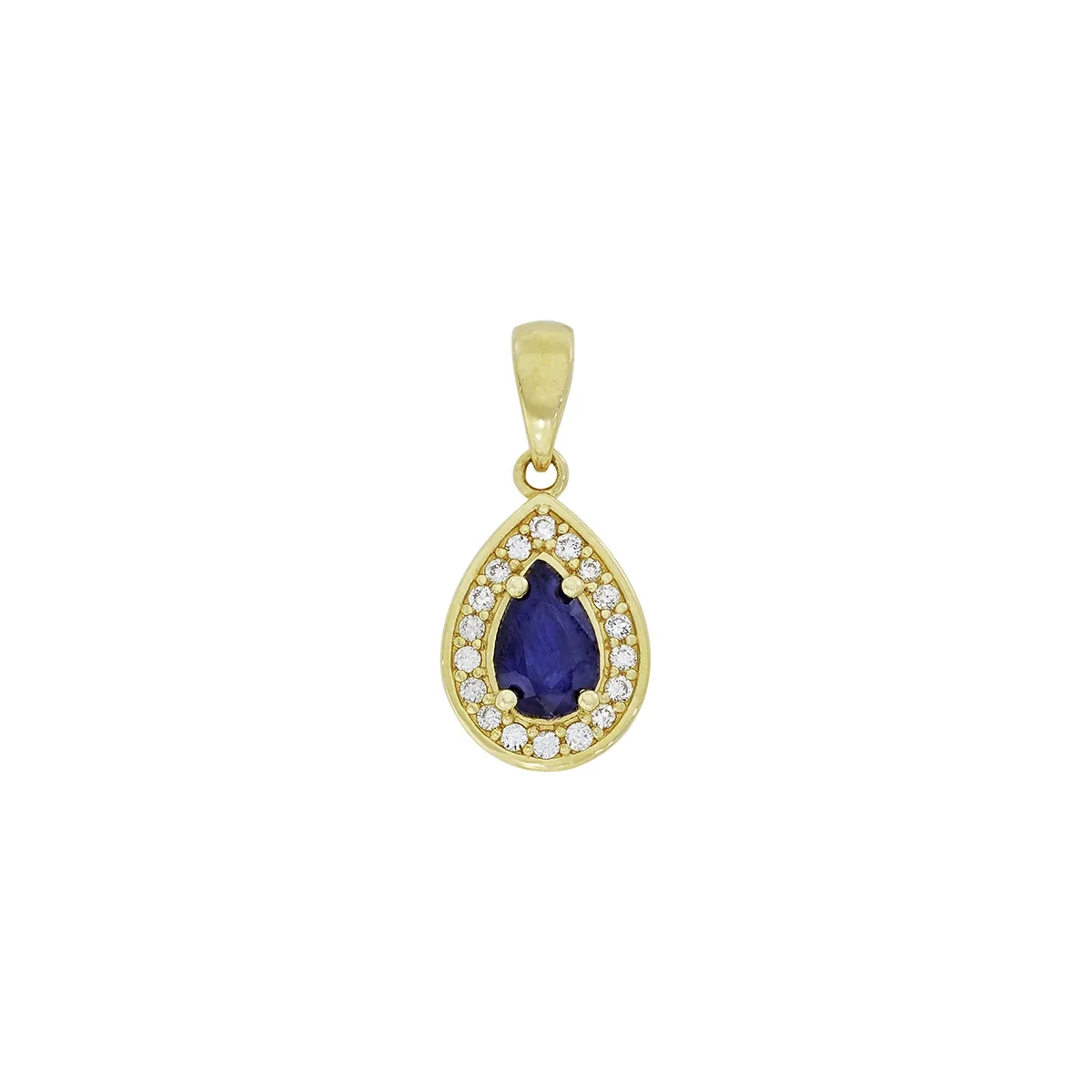 Dije en oro amarillo de 18 Kilates, Uñas+decoración, con zafiro central de 0.50 Ct y decoración en diamantes de 0.09 Ct