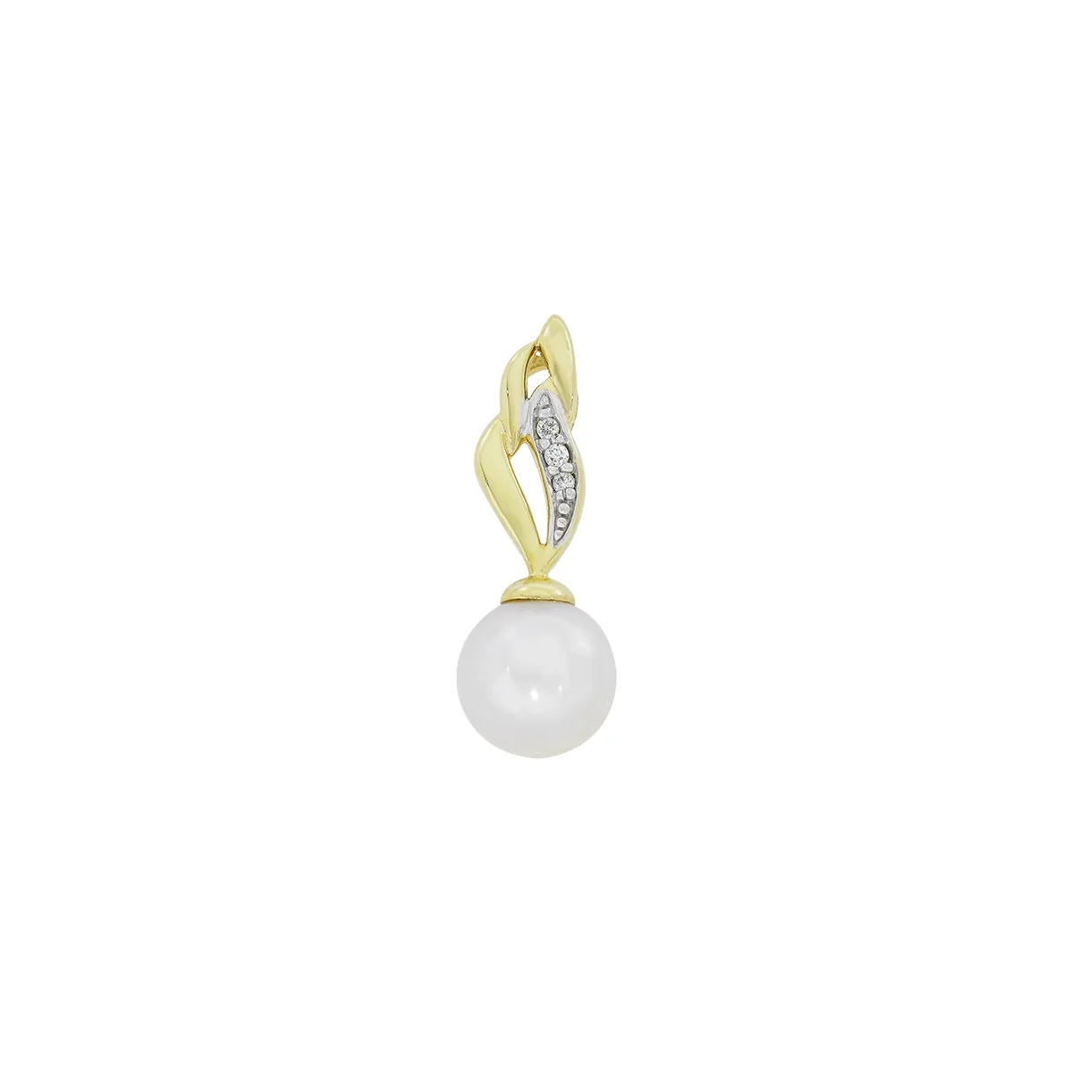 Dije en oro amarillo de 18 Kilates, Franjas, con perla central de 7 mm de ancho aprox y decoración en diamantes de 0.01 Ct