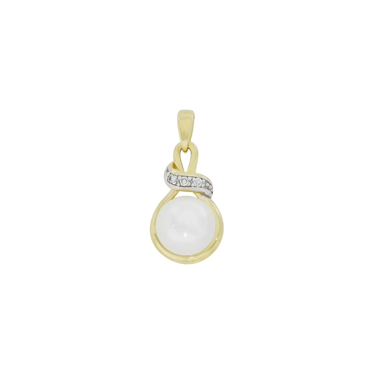 Dije en oro amarillo de 18 Kilates, Franjas, con perla central de 6 mm de ancho aprox y decoración en diamantes de 0.01 Ct