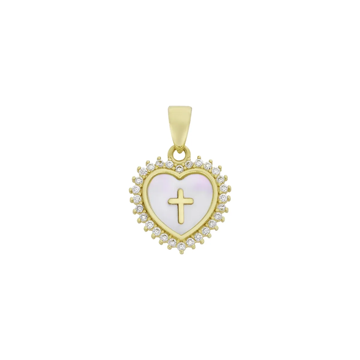 Dije en oro amarillo de 18 Kilates, Corazón, con zircones y piedra madre perla