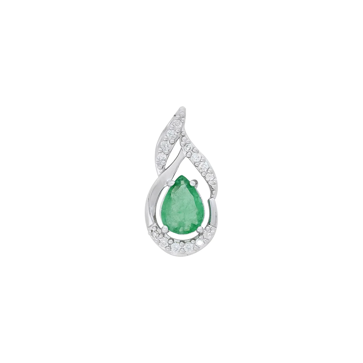 Dije en oro blanco de 18 Kilates, Onda, con esmeralda central de 0.90 Ct y decoración en diamantes de 0.17 Ct