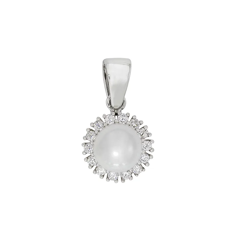 Dije en oro blanco de 18 Kilates, Bisel, con perla central de 5 mm de ancho aprox y decoración en zircones