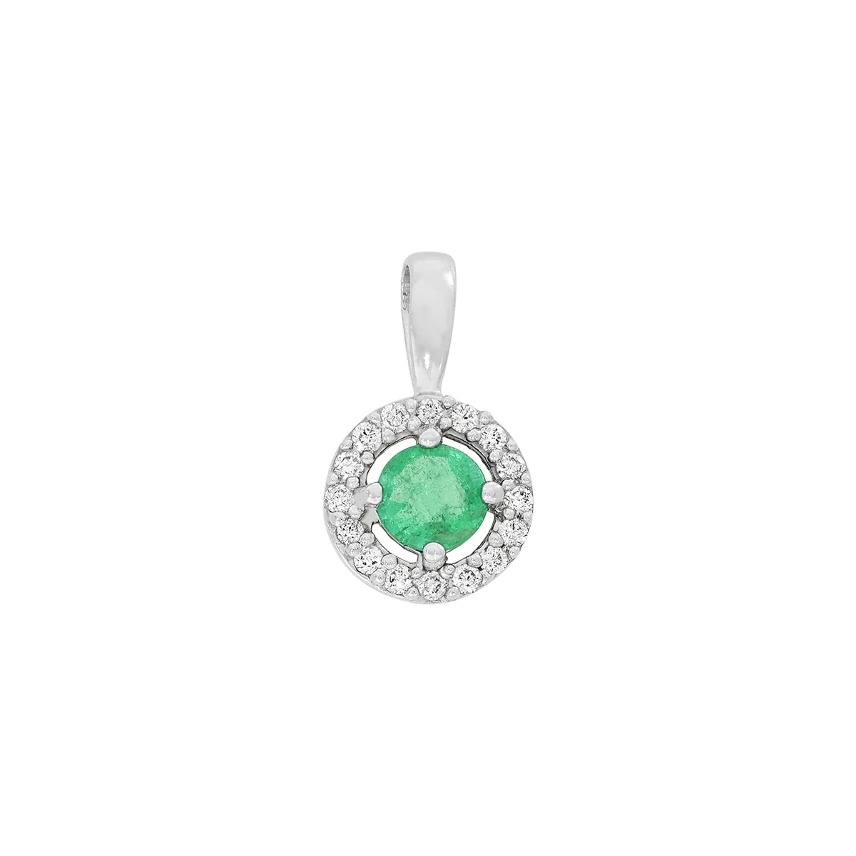 Dije en oro blanco de 18 Kilates, Uñas+decoración, con esmeralda central de 0.30 Ct y decoración en diamantes de 0.08 Ct, 7 mm. de ancho