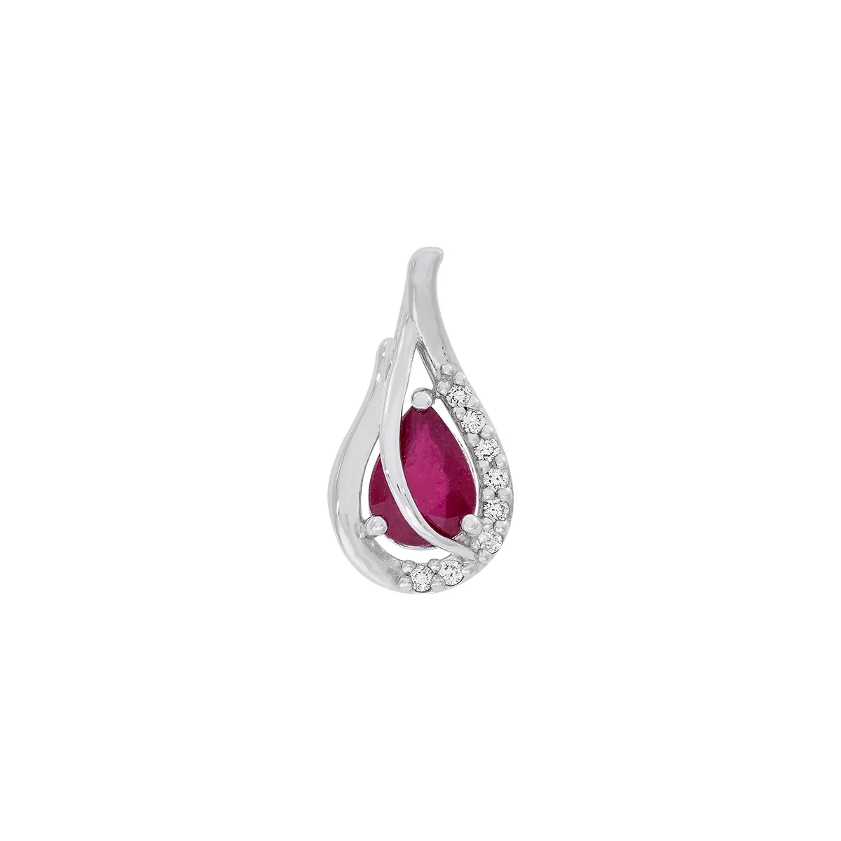 Dije en oro blanco de 18 Kilates, Lágrima, con rubí central de 0.80 Ct y decoración en diamantes de 0.06 Ct