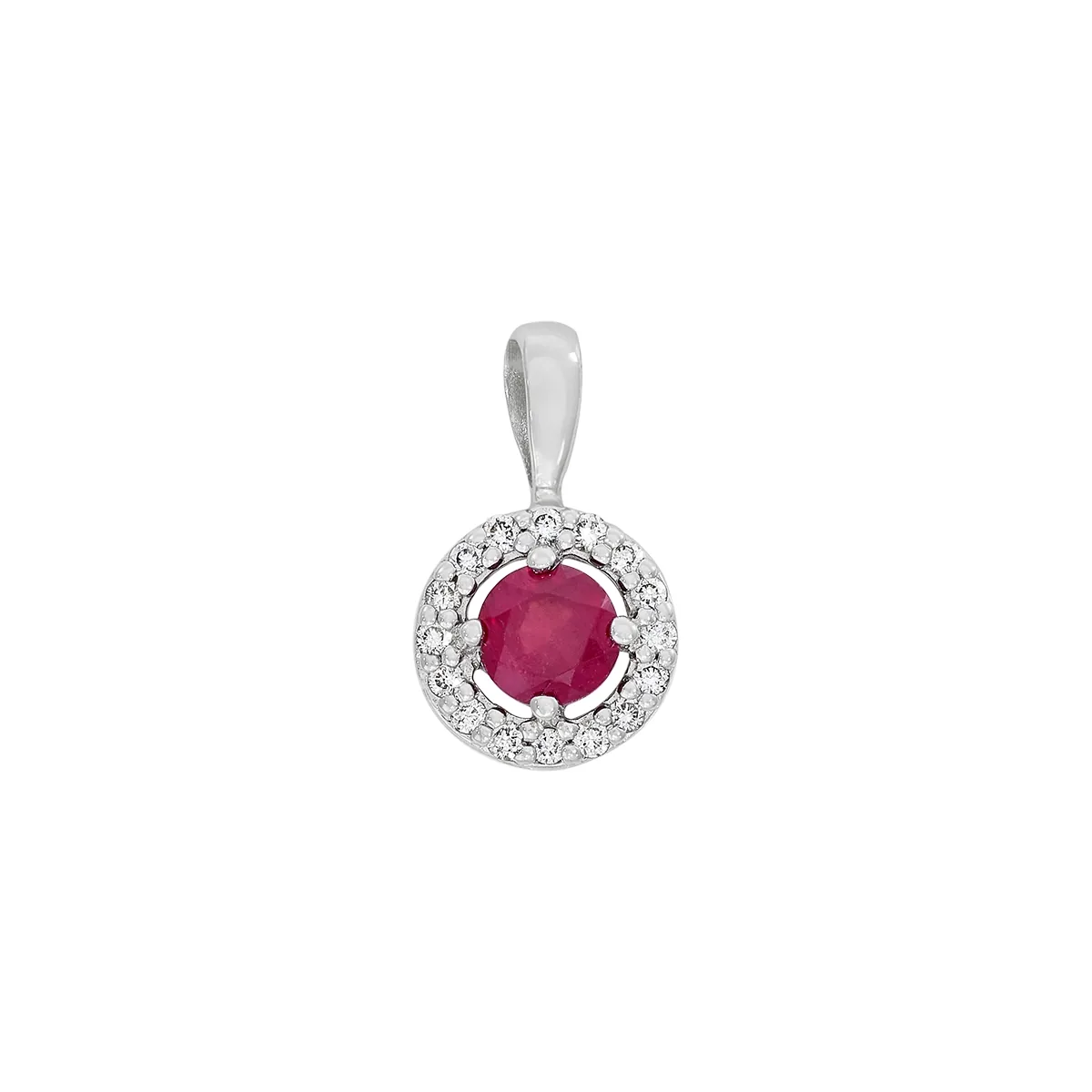 Dije en oro blanco de 18 Kilates, Uñas+decoración, con rubí central de 0.30 Ct y decoración en diamantes de 0.08 Ct