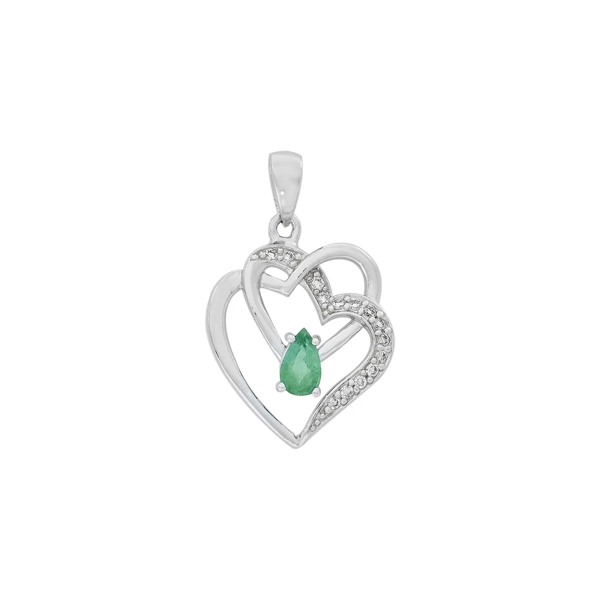Dije de corazones entrelazados en oro blanco de 18 Kilates, con esmeralda central de 0.20 Ct y decoración en diamantes de 0.07 Ct