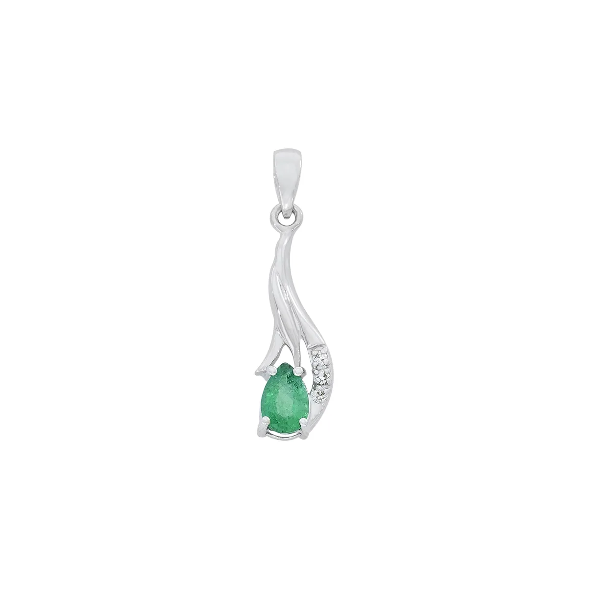 Dije en oro blanco de 18 Kilates, Franjas, con esmeralda central de 0.30 Ct y decoración en diamantes de 0.02 Ct