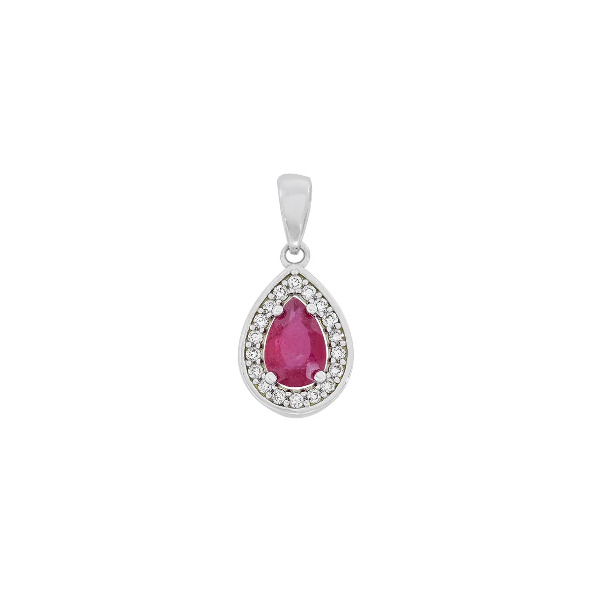 Dije en oro blanco de 18 Kilates, Uñas+decoración, con rubí central de 0.45 Ct y decoración en diamantes de 0.09 Ct
