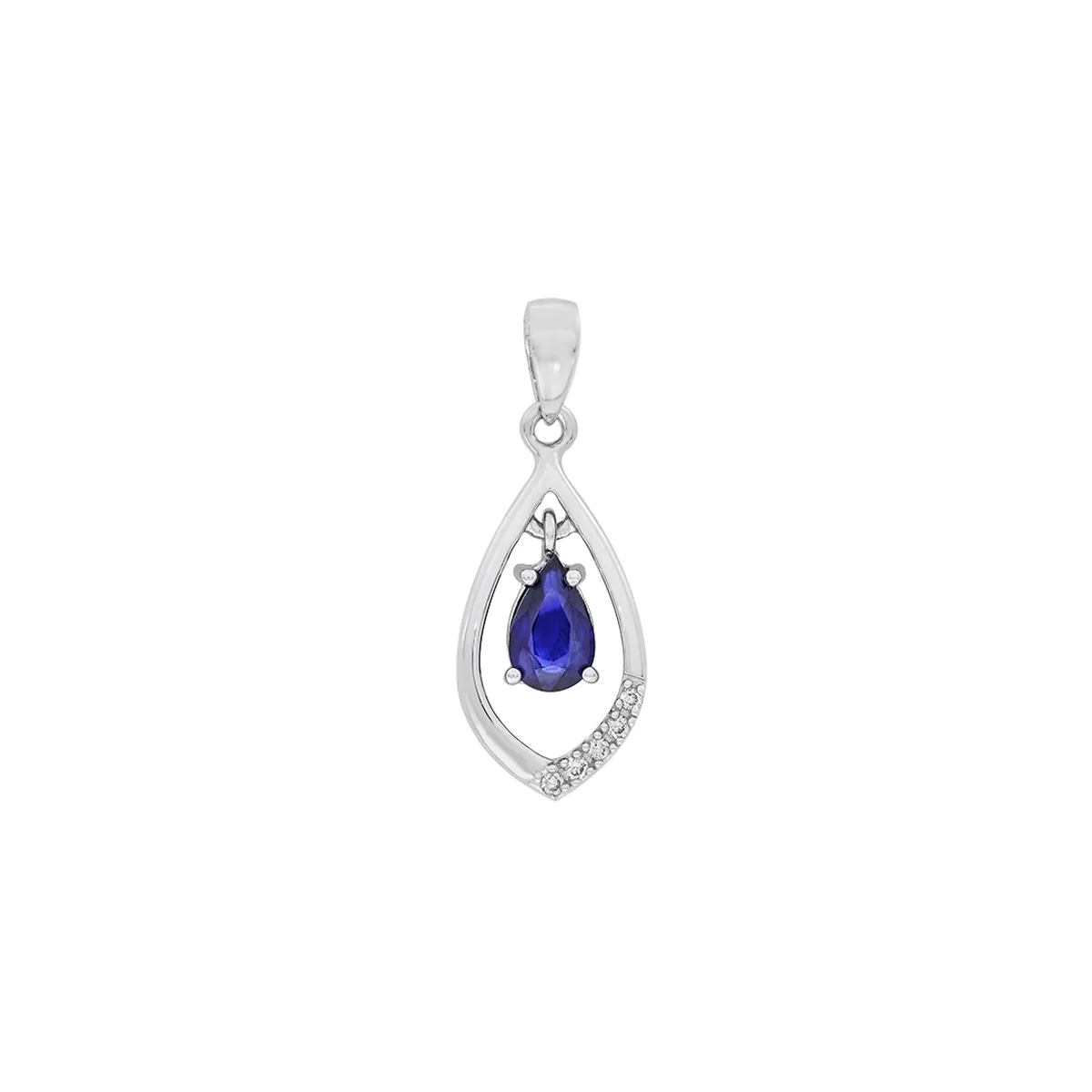 Dije en oro blanco de 18 Kilates, Lágrima, con zafiro central de 0.45 Ct y decoración en diamantes de 0.03 Ct