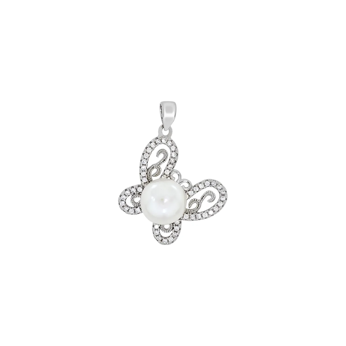 Dije de mariposa en plata Ley 925, con perla central y decoración en zircones - Colección Sueños