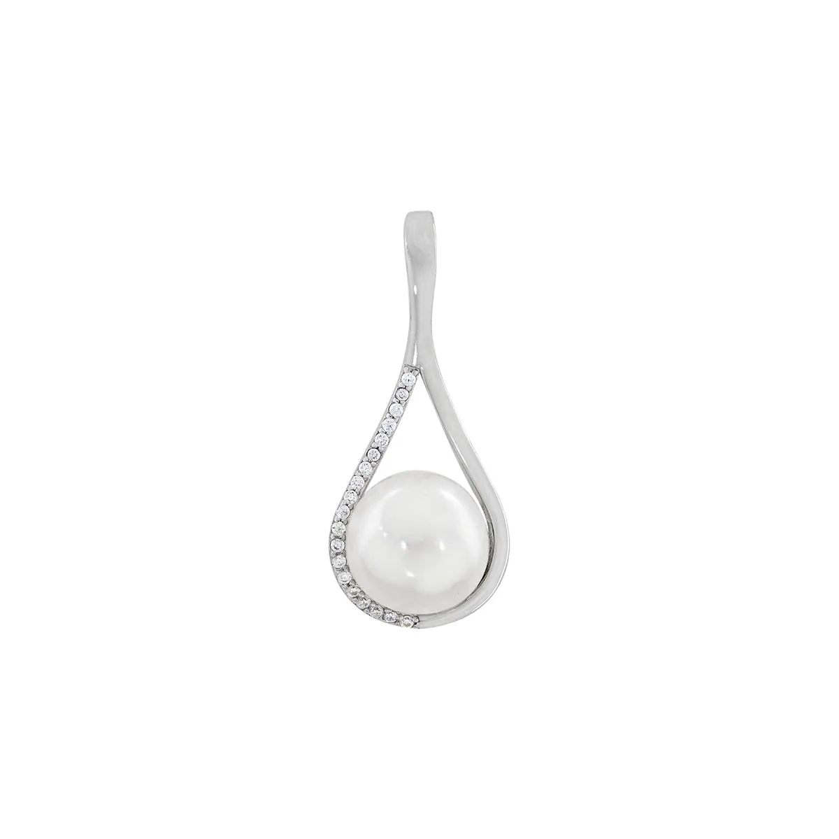Dije en plata Ley 925, Lágrima, con perla central de 10 mm de ancho aprox y decoración en zircones, de la coleccion Sueños