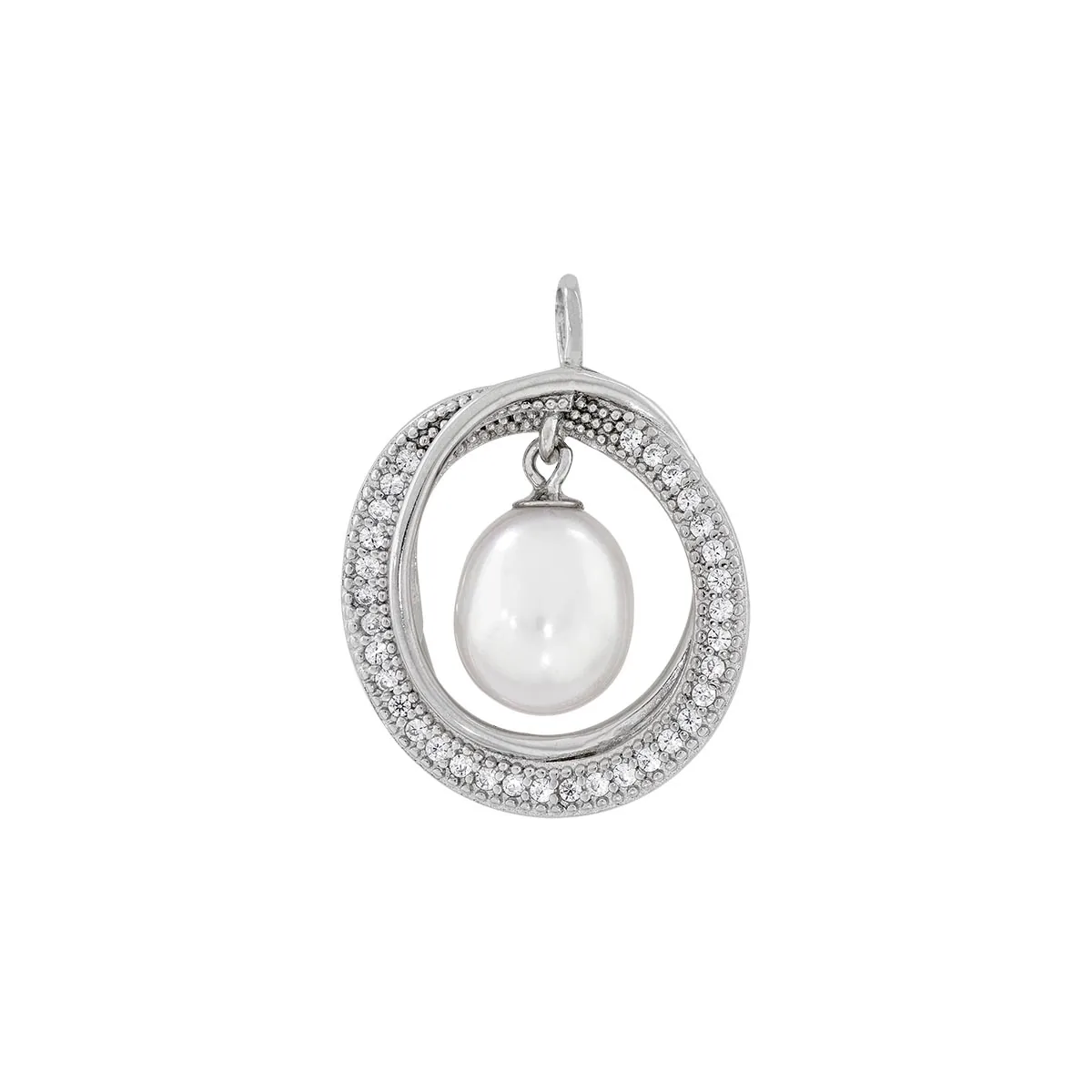 Dije en plata Ley 925, Figuras geométricas, con perla central de 7 mm de ancho aprox y decoración en zircones, de la coleccion Sueños