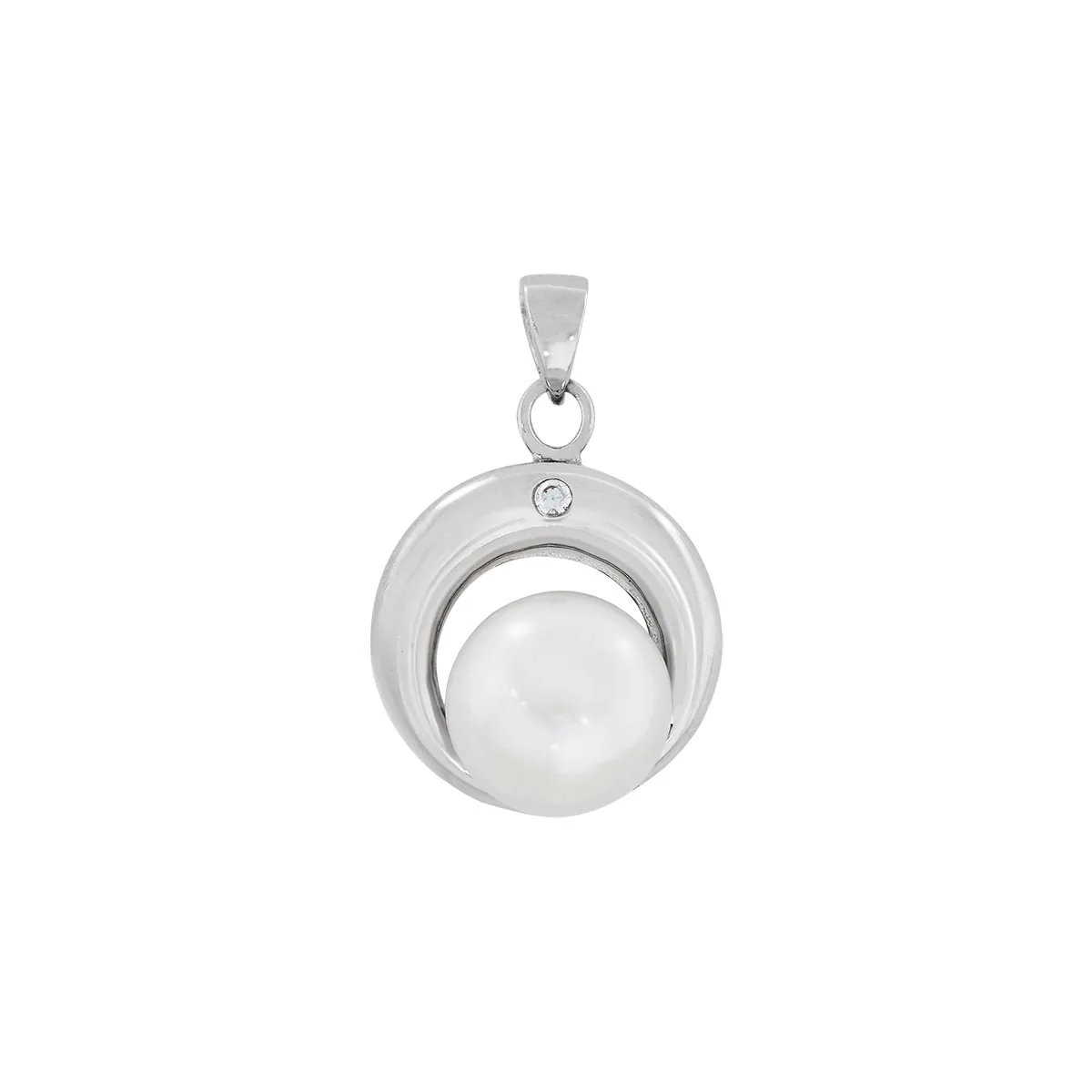 Dije en plata Ley 925, Figuras geométricas, con perla central de 7 mm de ancho aprox y decoración en zircón, de la coleccion Sueños