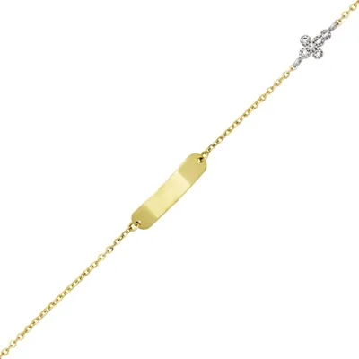 Pulsera esclava con cruz en oro amarillo de 18 Kilates, tejido rolo, con zircones, 14 cm. de largo, 1 mm. de ancho