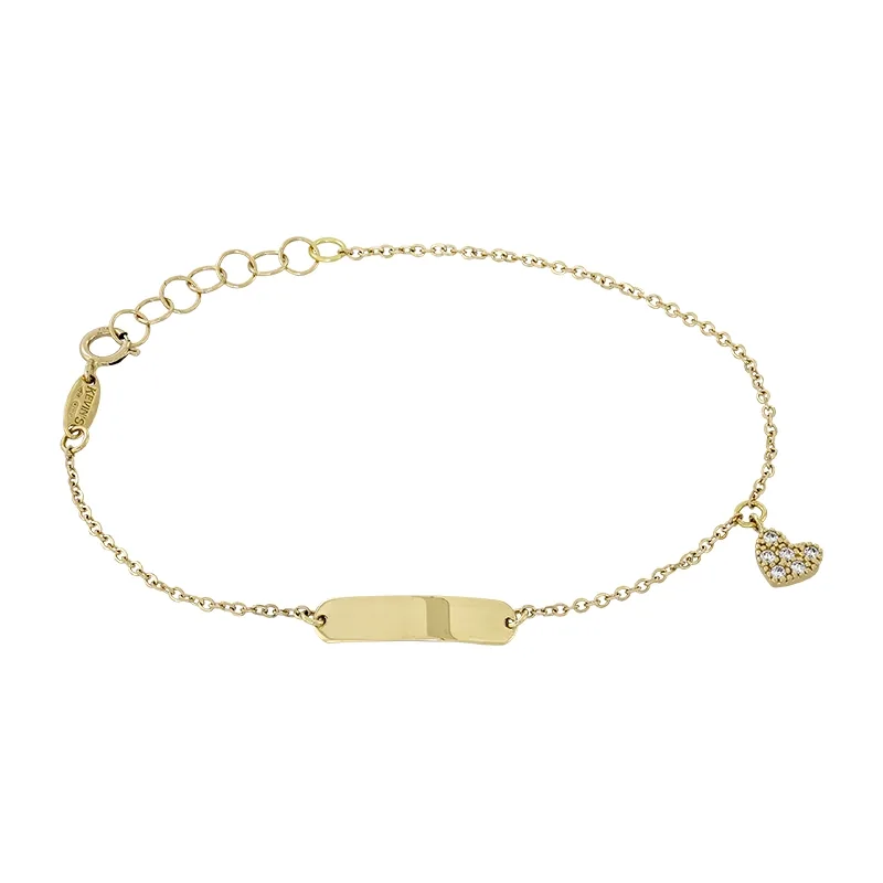 Pulsera esclava con corazón en oro amarillo de 18 Kilates, tejido rolo, con zircones, 14 cm. de largo, 1 mm. de ancho