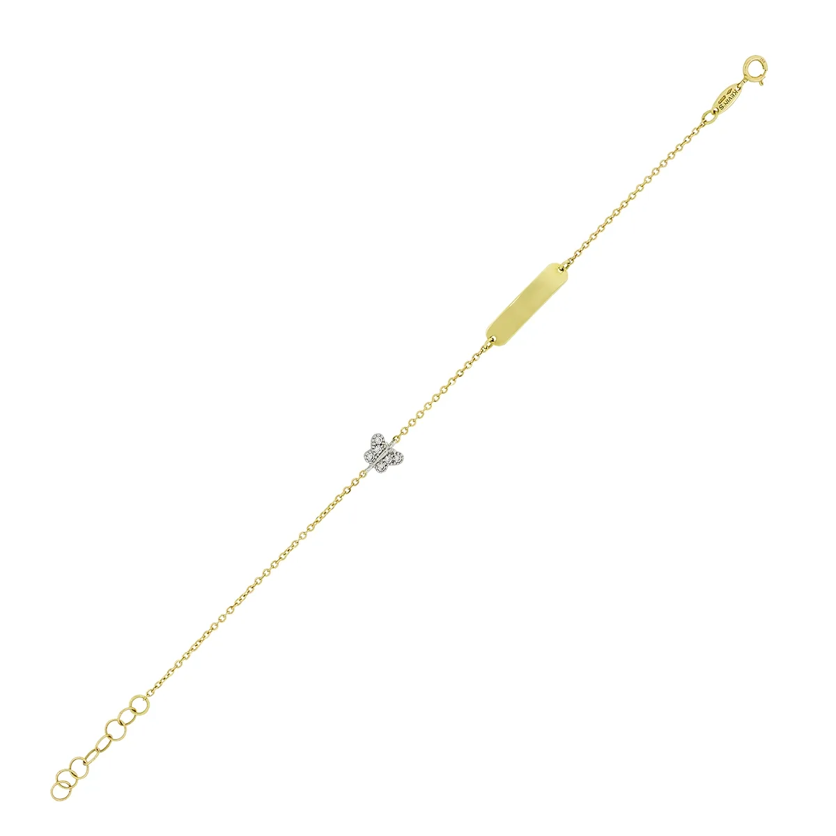 Pulsera esclava con mariposa con zircones, en oro de 18 Kilates, tejido Rolo, 14 cm. de largo, 1 mm. de ancho