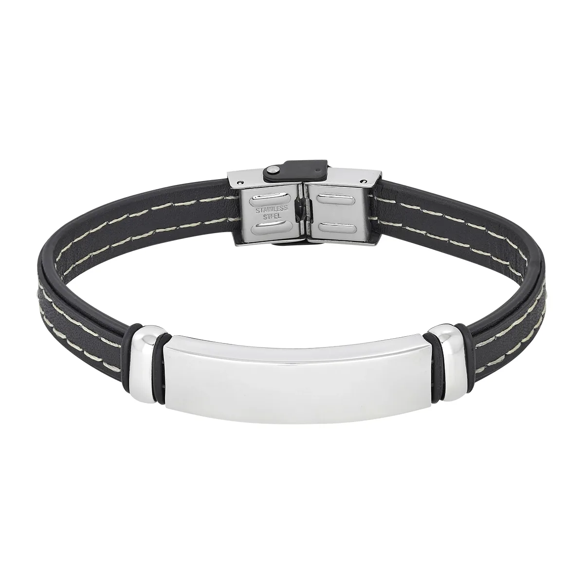 Pulsera esclava en acero, Barras, 21 cm. de largo, Cuero sintético - Colección Forza