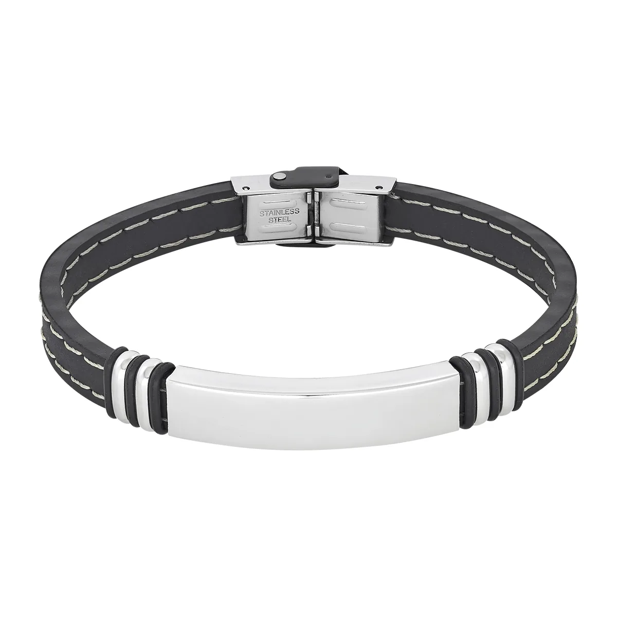 Pulsera esclava en acero y cuero sintético, 21 cm. de largo - Colección Forza