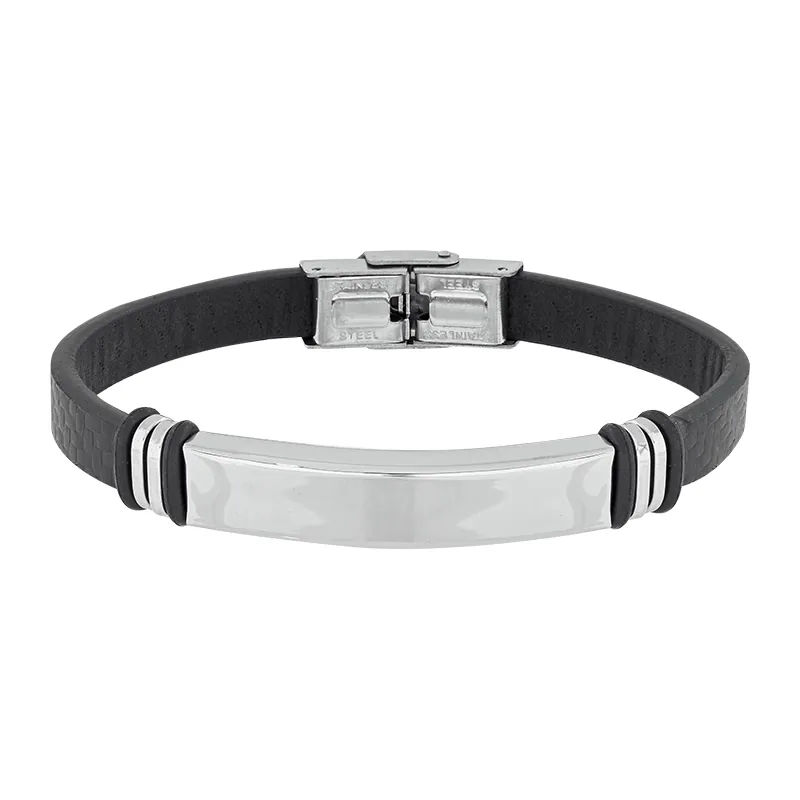 Pulsera esclava en acero y cuero sintético, - Colección Forza