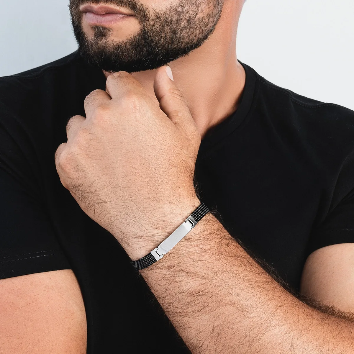Pulsera esclava en acero, con malla pavonada - Colección Forza