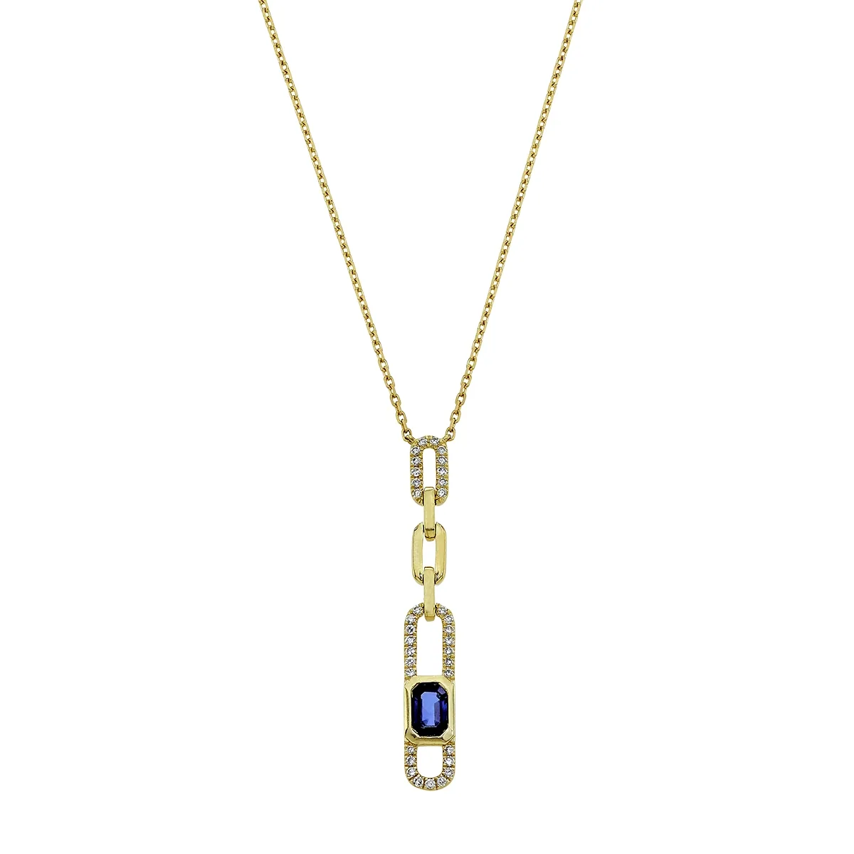 Gargantilla en oro amarillo de 18 Kilates, Figuras geométricas, con zafiro central de 0.63 Ct y decoración en diamantes de 0.17 Ct, 40 cm. de largo, 1 mm. de ancho