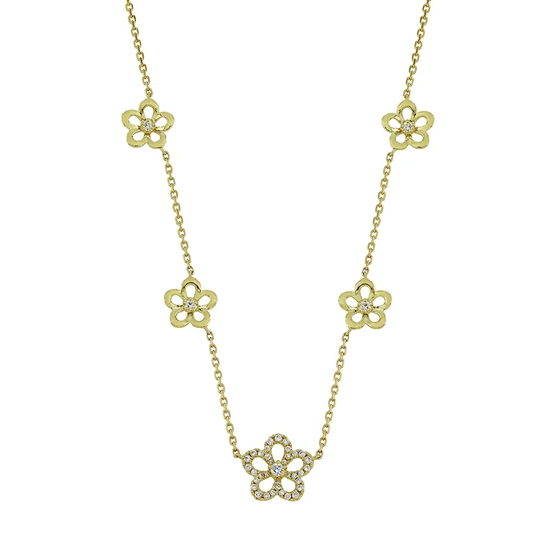 Gargantilla en oro amarillo de 18 Kilates, Flores, con diamantes de 0.30 Ct, 40 cm. de largo, 0.50 mm. de ancho