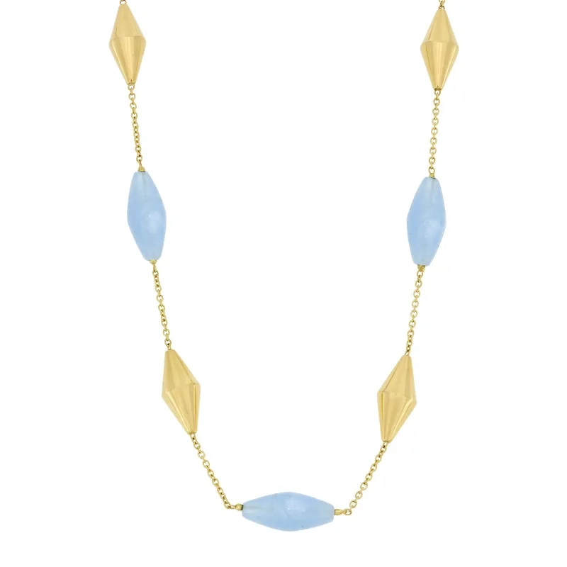 Gargantilla en oro amarillo de 18 Kilates, Figuras geométricas, con aqua milk, 42 cm. de largo, 1 mm. de ancho