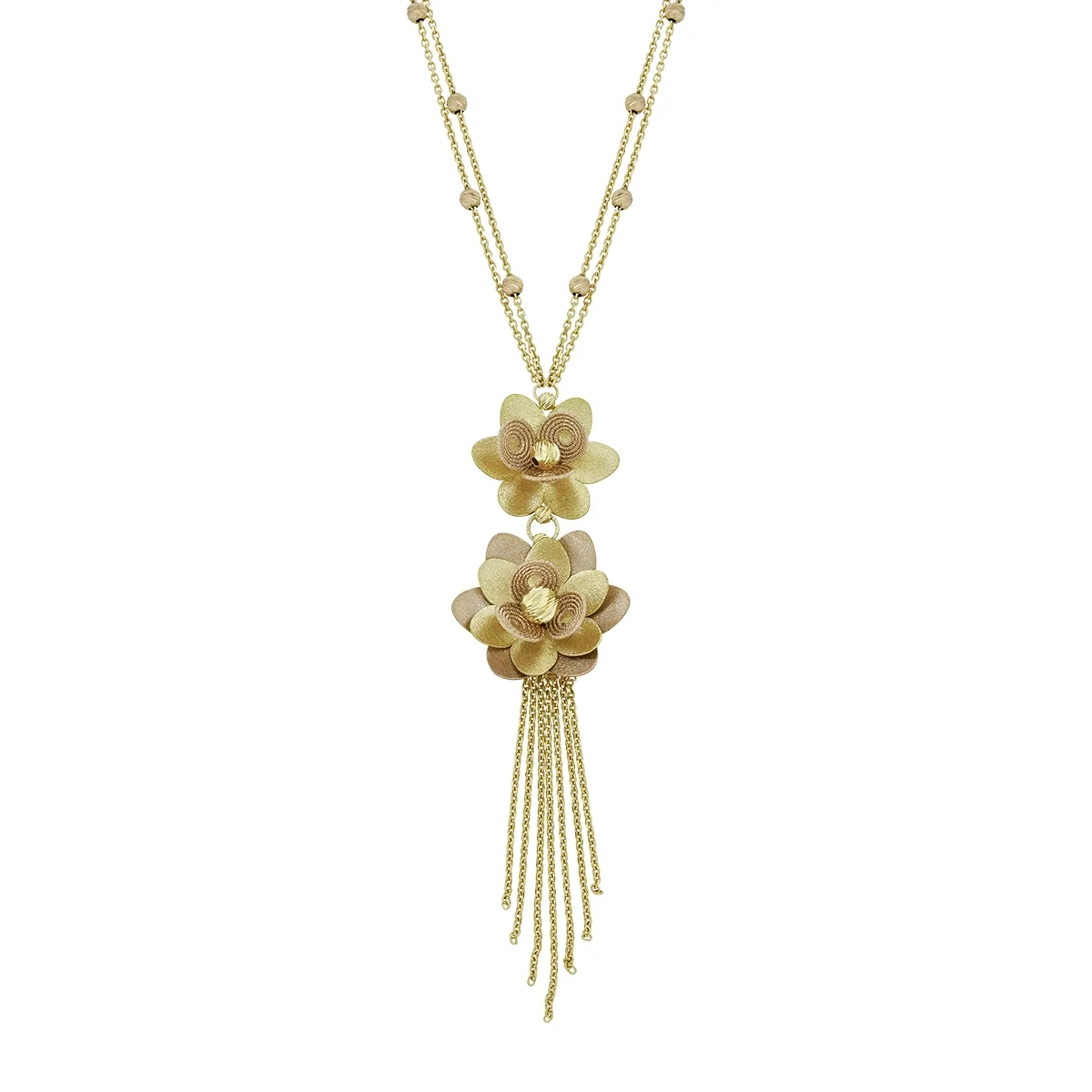 Gargantilla en oro amarillo de 18 Kilates con visos satinado, Flores, 42 cm. de largo, 1 mm. de ancho
