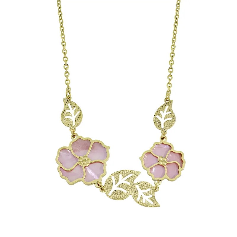 Gargantilla en oro amarillo de 18 Kilates con visos, Flores, con piedra madre perla, 40 cm. de largo, 1.50 mm. de ancho