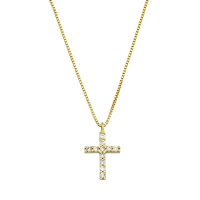 Gargantilla en oro amarillo de 18 Kilates, Cruz, con zircones, 42 cm. de largo, 0.50 mm. de ancho